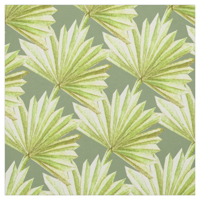 Green tropical palm frond leaf repeat pattern fabric (Swatch)