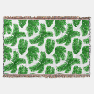 Green Tropical Palm Fronds on White Throw Blanket