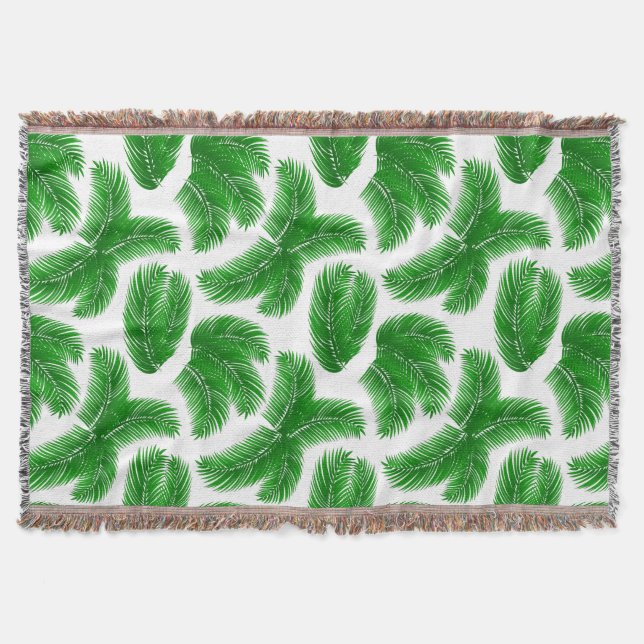 Green Tropical Palm Fronds on White Throw Blanket (Front)