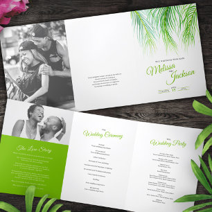 Green tropical palm fronds watercolor art wedding Tri-Fold programme