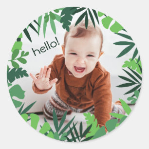 Green tropical palm leaves classic round sticker