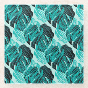 Green tropical palm leaves design. glass coaster