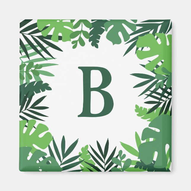 Green tropical palm leaves floral monogram letter magnet (Front)
