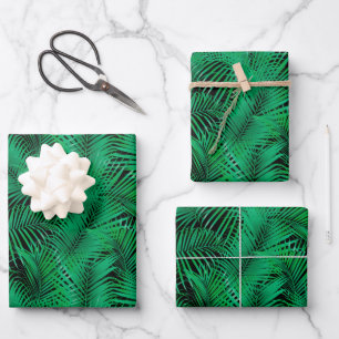 Green Tropical Palm Leaves on Black Wrapping Paper Sheet