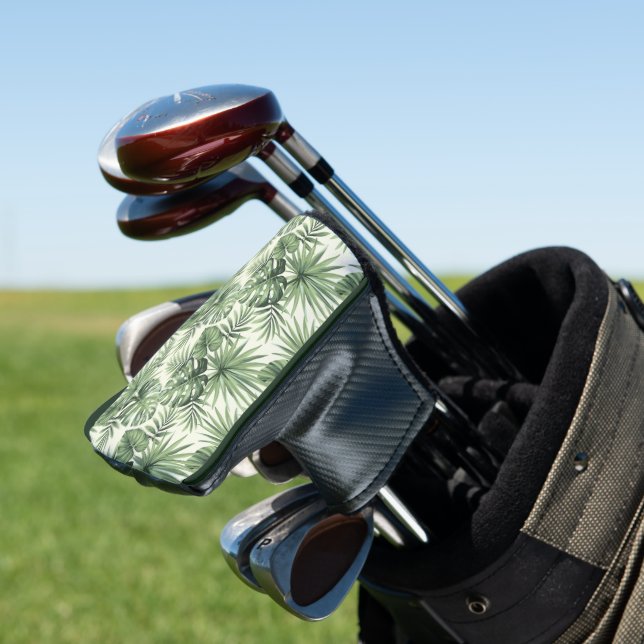 Green Tropical Palm Leaves Pattern Golf Head Cover (In Situ)