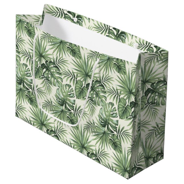 Green Tropical Palm Leaves Pattern Large Gift Bag (Front Angled)