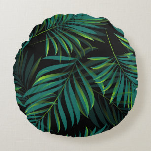 Green tropical palm leaves. Seamless pattern graph Round Cushion