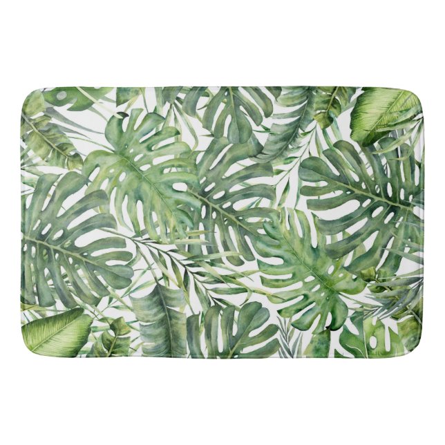 Green Tropical Palm Leaves Summer Island Breeze  Bath Mat (Front)