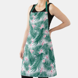 Green Tropical Palm Leaves with Hibiscus Flowers Apron