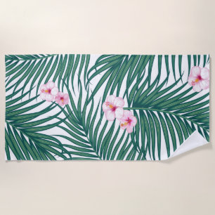 Green Tropical Palm Leaves with Hibiscus Flowers Beach Towel
