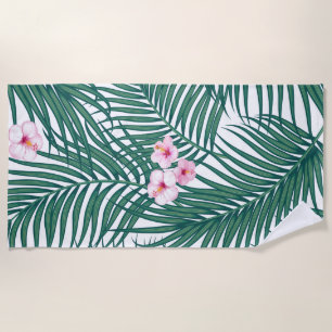 Green Tropical Palm Leaves with Hibiscus Flowers   Beach Towel