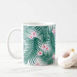 Green Tropical Palm Leaves with Hibiscus Flowers Coffee Mug