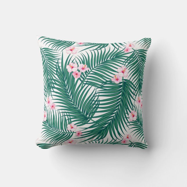 Green Tropical Palm Leaves with Hibiscus Flowers   Cushion (Front)