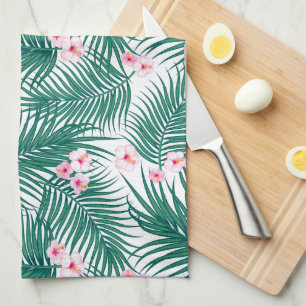 Green Tropical Palm Leaves with Hibiscus Flowers Tea Towel