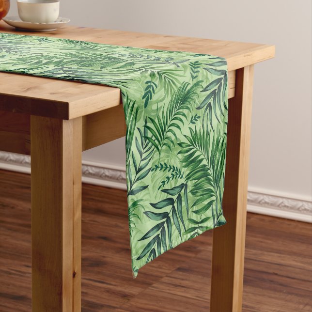 Green Tropical Palm & Monstera Leaves Short Table Runner (In Situ)
