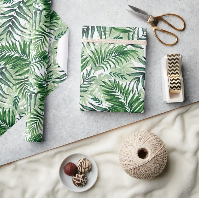 Green Tropical Palm & Monstera Leaves Wrapping Paper (Crafts)