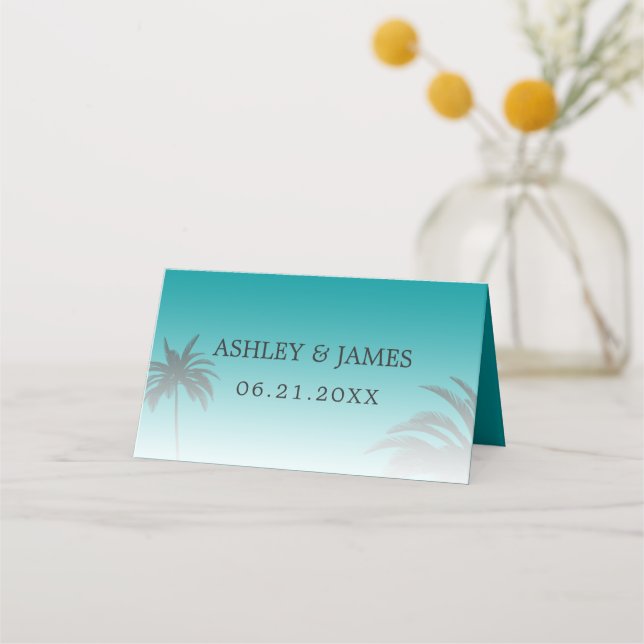 Green Tropical Palm Tree Beach Wedding Place Card (Front)