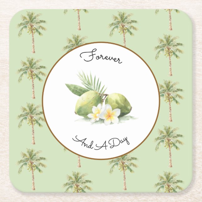 Green Tropical Palm Tree Wedding Square Paper Coaster (Front)