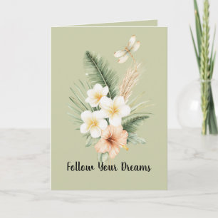 Green Tropical Peach Hibiscus Plumeria Dragonfly Card