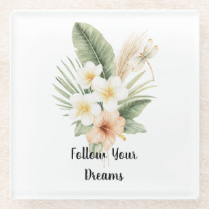 Green Tropical Peach Hibiscus Plumeria Dragonfly Glass Coaster