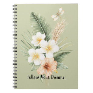 Green Tropical Peach Hibiscus Plumeria Dragonfly Notebook