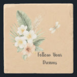 Green Tropical Peach Hibiscus Plumeria Dragonfly Stone Coaster<br><div class="desc">Green Tropical Leaves Peach Hibiscus Plumeria Flower Dragonfly</div>