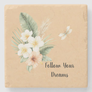 Green Tropical Peach Hibiscus Plumeria Dragonfly Stone Coaster