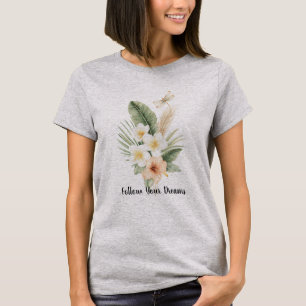 Green Tropical Peach Hibiscus Plumeria Dragonfly T-Shirt