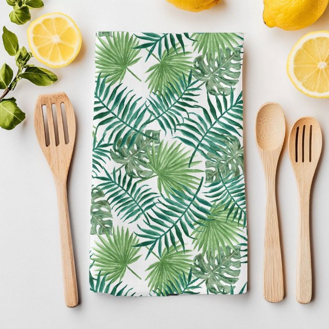 Green Tropical Summer Exotic Botanic Palm Leaves Tea Towel (Green Tropical Summer Exotic Botanic Palm Leaves Kitchen Towel)