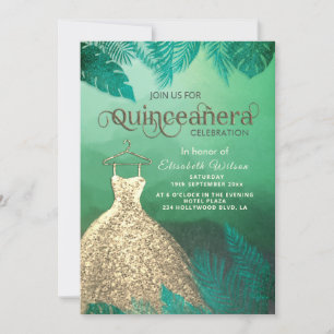 Green tropical summer gold dress Quinceañera Invitation