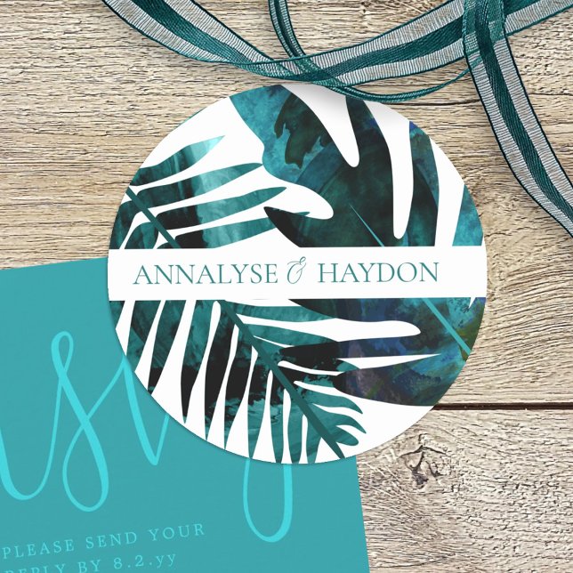 Green & Tropical Teal Island Leaves Wedding Classic Round Sticker (tropical teal green, teal blue island palm leaves, monstera, ferns beach round wedding sticker)