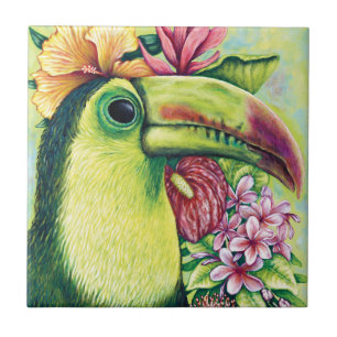 Green tropical toucan bird art Ceramic Tile