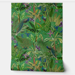 Green Tropical Vintage Peacock Floral Rainforest Wallpaper