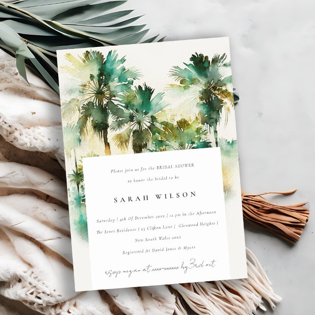 Green Tropical Watercolor Palm Tree Bridal Shower Invitation (Creator Uploaded)