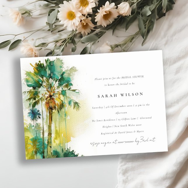 Green Tropical Watercolor Palm Tree Bridal Shower Invitation (Creator Uploaded)