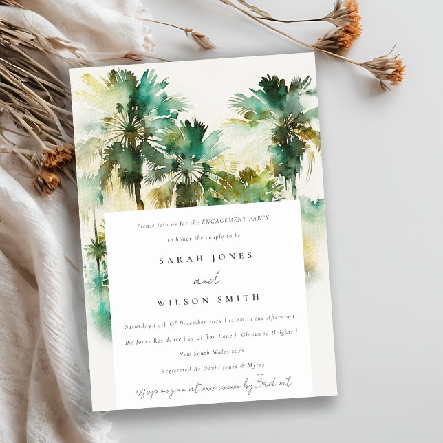 Green Tropical Watercolor Palm Trees Engagement Invitation (Creator Uploaded)