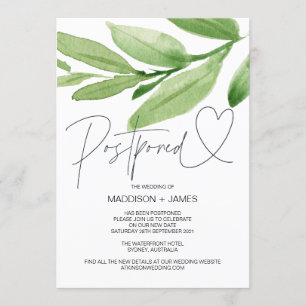 Green Tropical Wedding Postponed Change the Date Invitation