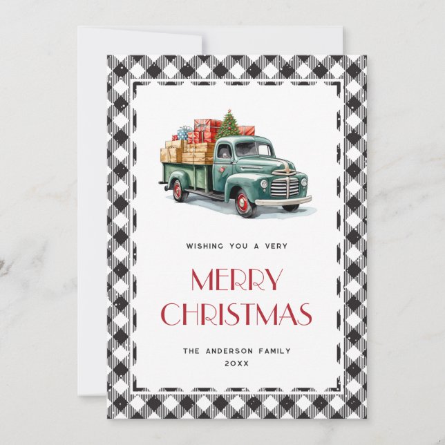 Green Truck Black White Plaid Christmas Cards (Front)