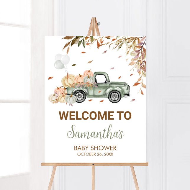 Green Truck Pumpkin Welcome Baby Shower Poster (Little Pumpkin Green Truck Baby Shower Welcome Sign)
