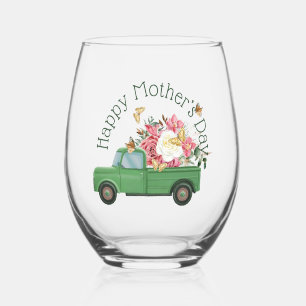 Green Truck Spring Bouquet Stemless Wine Glass