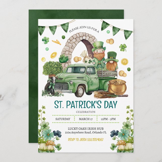 Green Truck St. Patricks Day Leprechaun Gnomes Invitation (Front/Back)