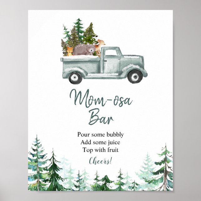 Green Truck Woodland Animals Momosa Bar Sign (Front)