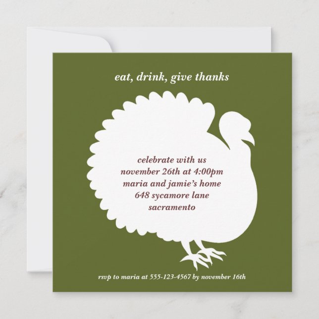 Green turkey square Thanksgiving invitation card (Front)