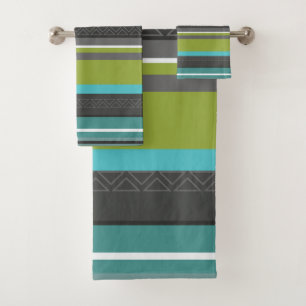 Green, Turquoise and Gray Stripes Bath Towel Set