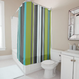 Green, Turquoise and Grey Stripes Shower Curtain
