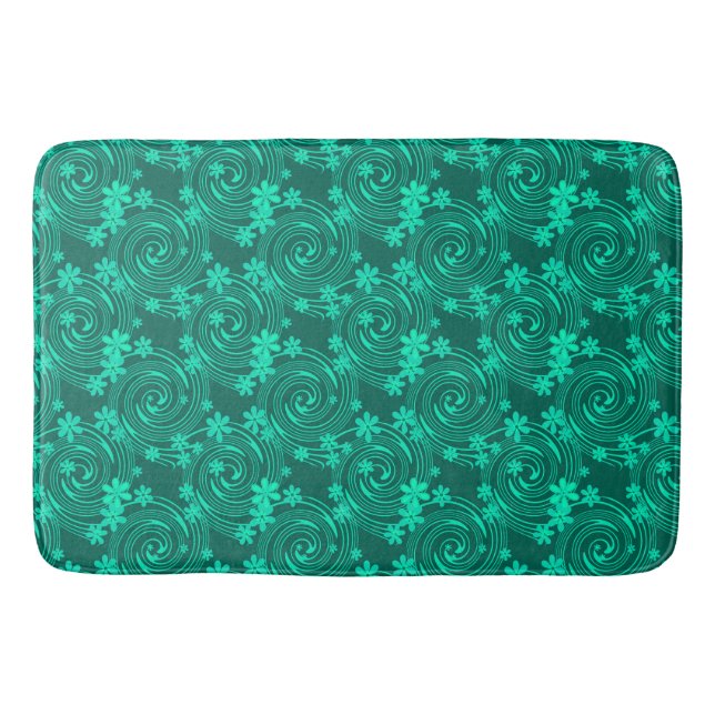 green turquoise bright floral pattern bath mat (Front)