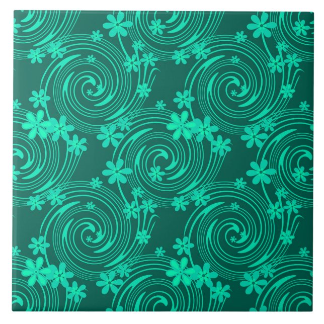 green turquoise bright floral pattern tile (Front)