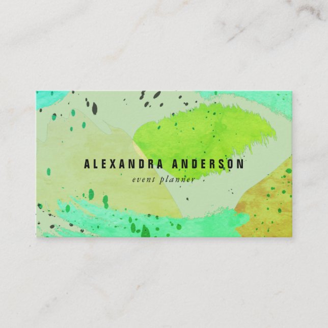 Green Turquoise Brush Strokes Business Card (Front)
