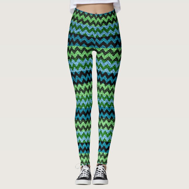 Green Turquoise Chevron Modern Leather Leggings (Front)