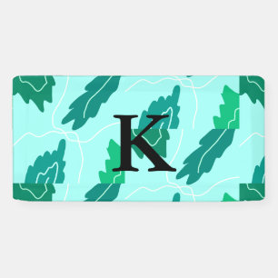 Green turquoise leaves floral pattern add monogram banner